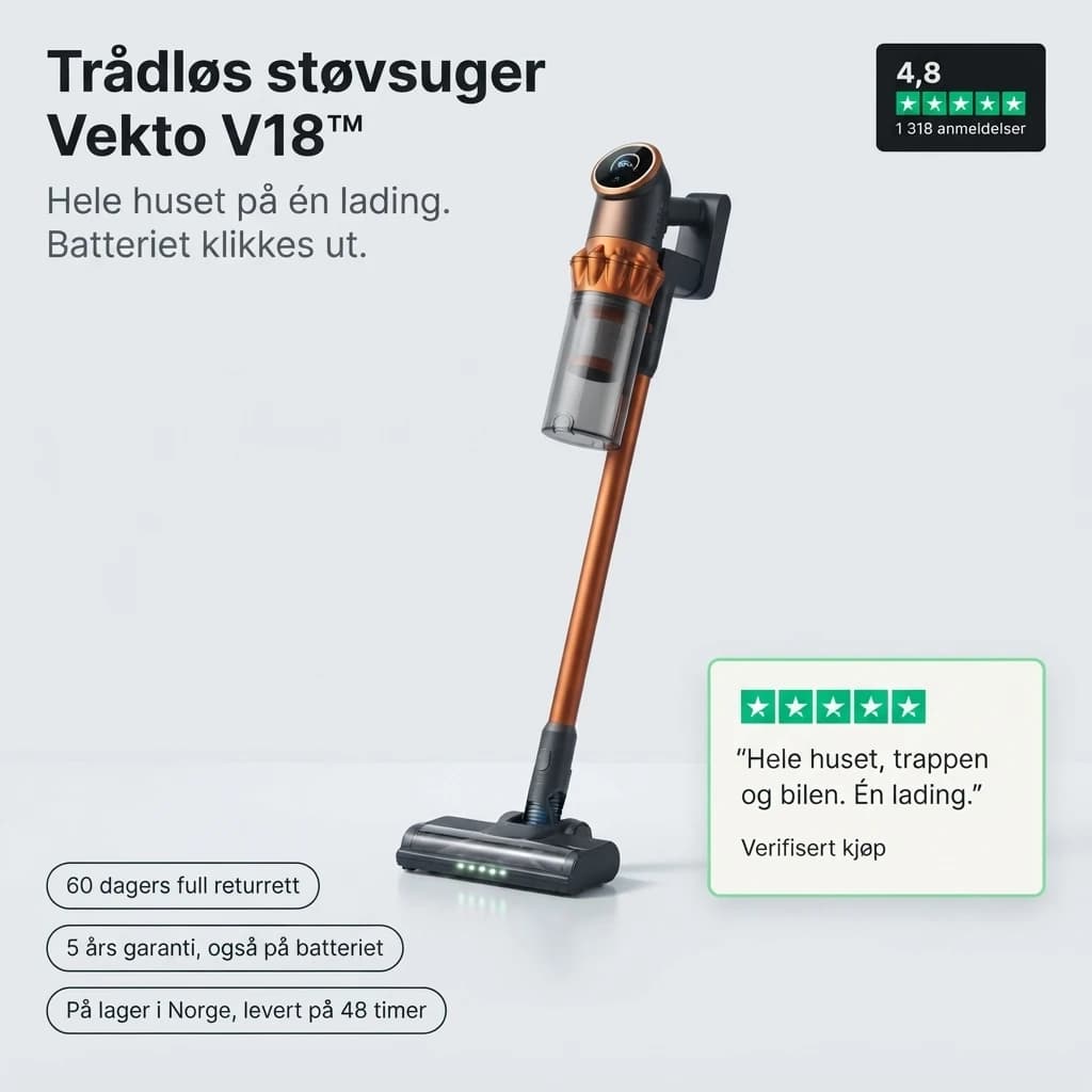 Trådløs støvsuger Vekto V18, 4,8 i snitt fra 1 318 anmeldelser: hele huset på én lading, og batteriet klikkes ut