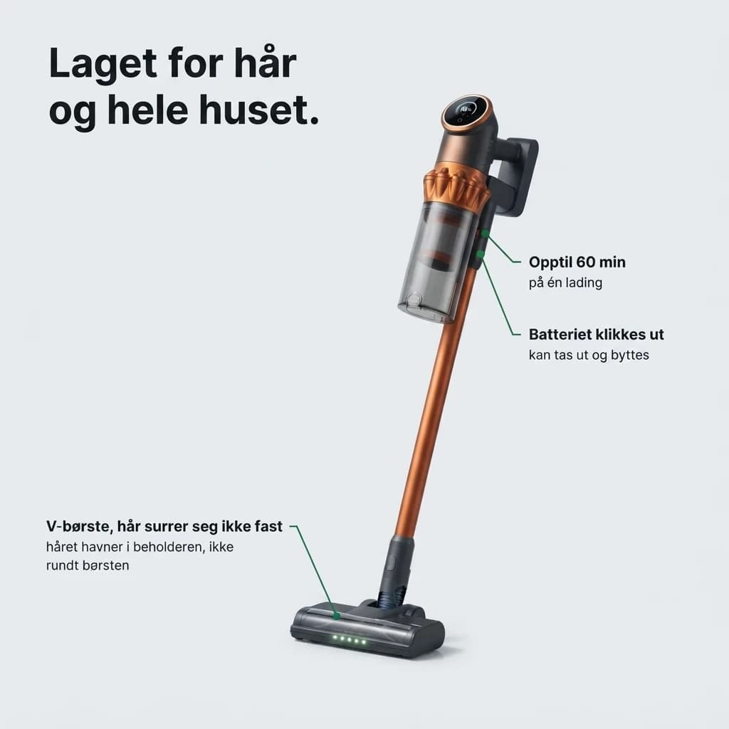 Laget for hår og hele huset: V-børste der hår ikke surrer seg fast, opptil 60 min på én lading, og batteriet klikkes ut
