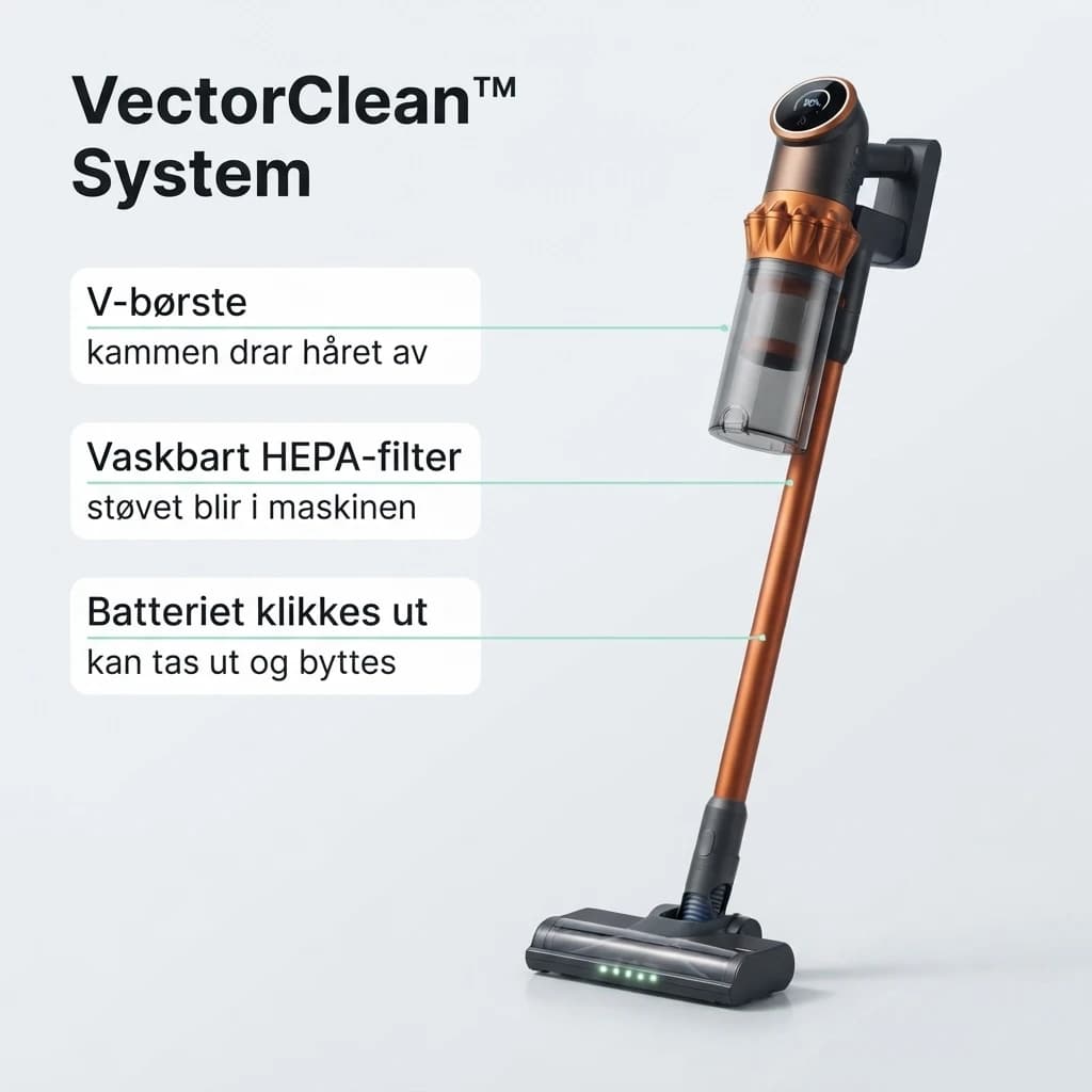 VectorClean™ System: V-børste med kam, vaskbart HEPA-filter og et batteri som klikkes ut