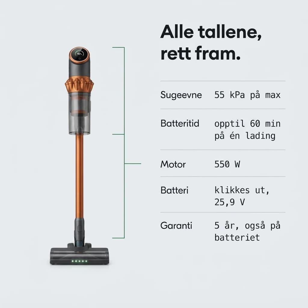 Alle tallene, rett fram: sugeevne, batteritid, motor, batteri og garanti