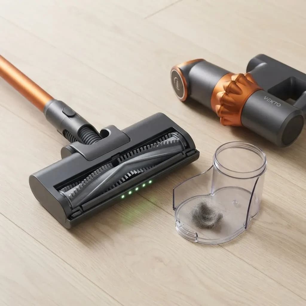 The Vekto Vacuum V18 brush roll clean after a week with a dog, the hair sitting in the dust cup