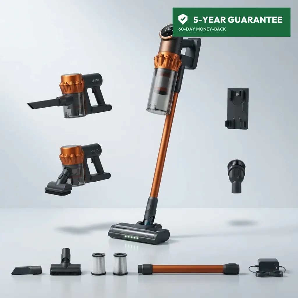 Vekto Vacuum V18 with its battery, charger, floor head, tube, both tools, two HEPA filters and the wall dock