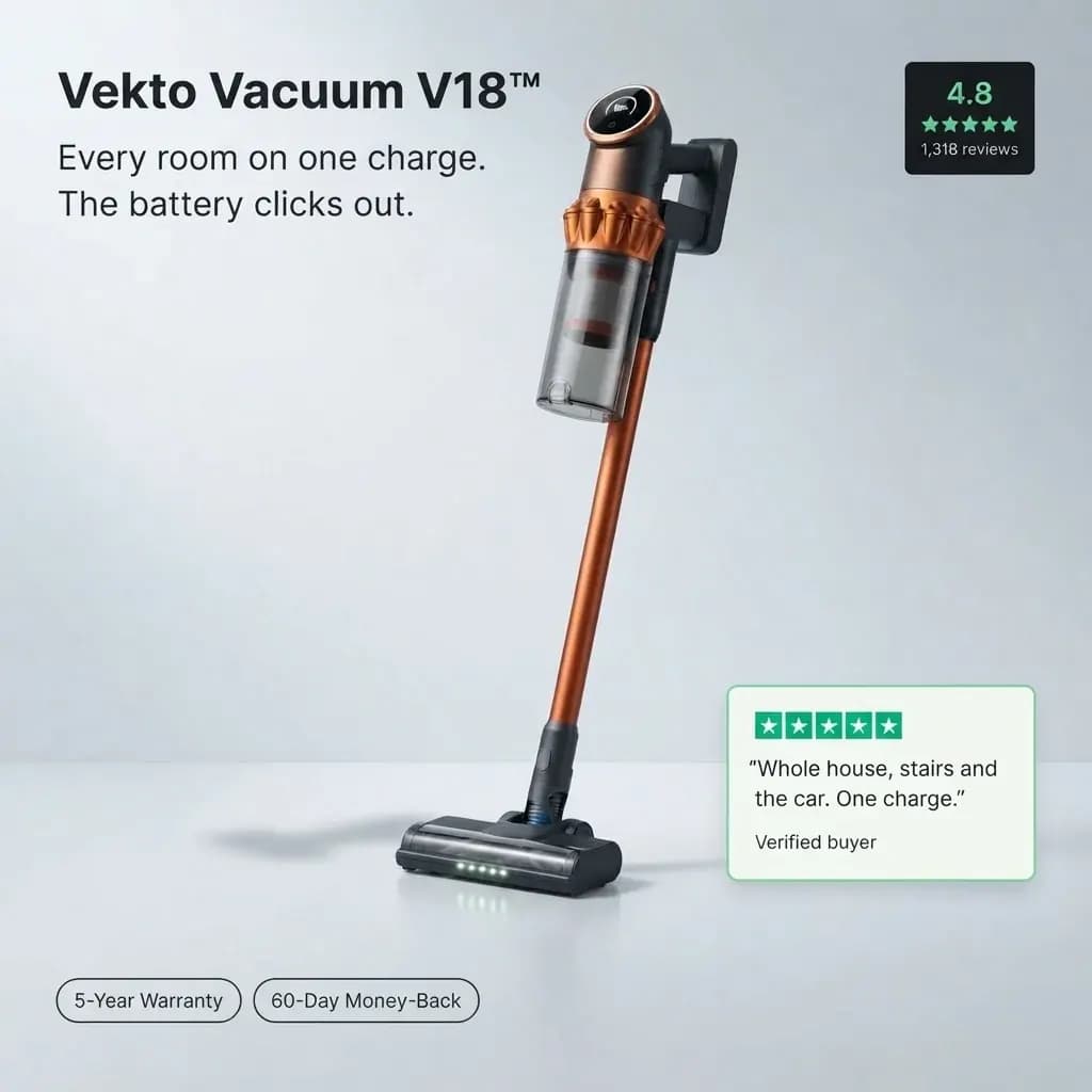 Vekto Vacuum V18, rated 4.8 from 1,318 reviews: every room on one charge, the battery clicks out