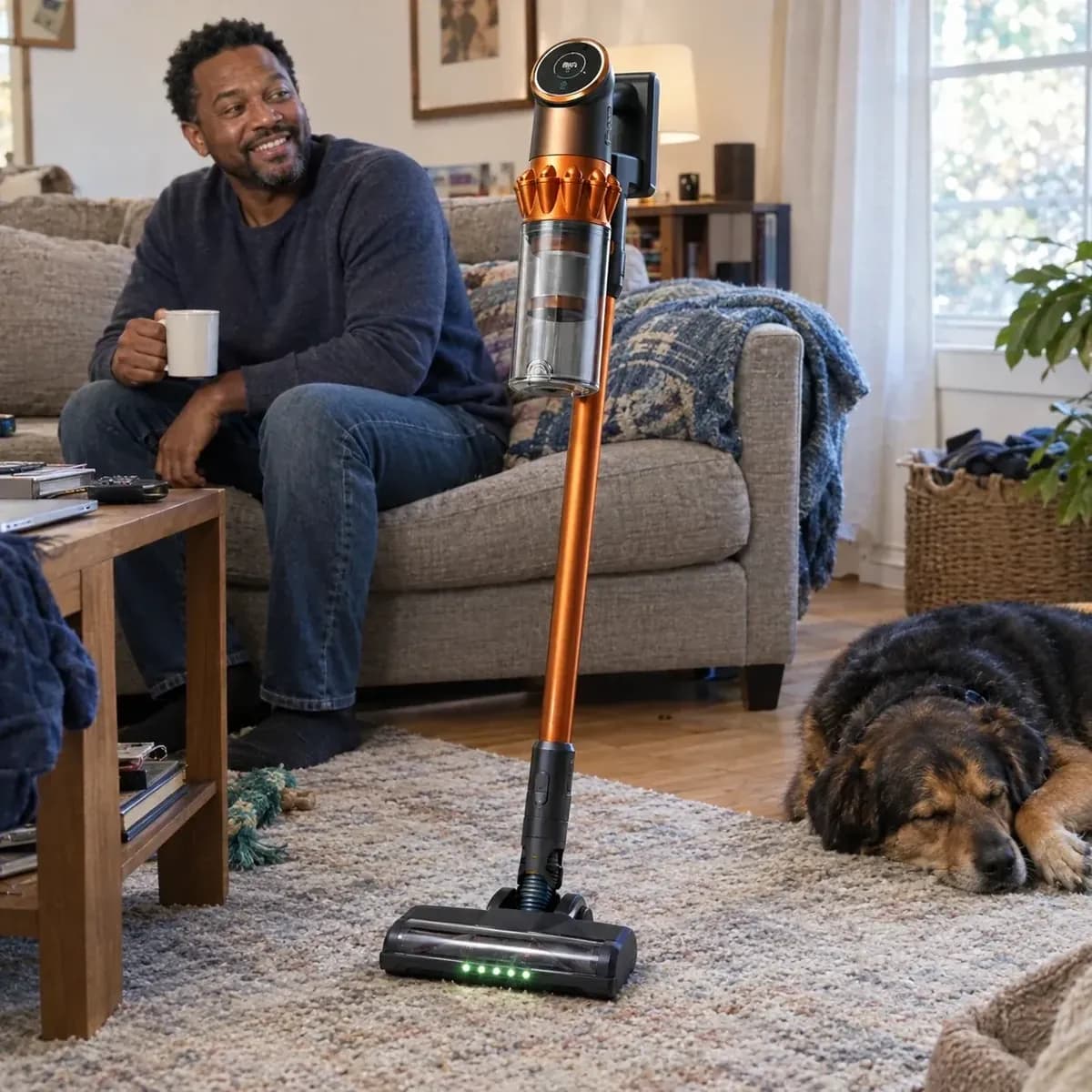 A man on his couch with a coffee while the Vekto Vacuum V18 stands on its own on the rug and his dog sleeps