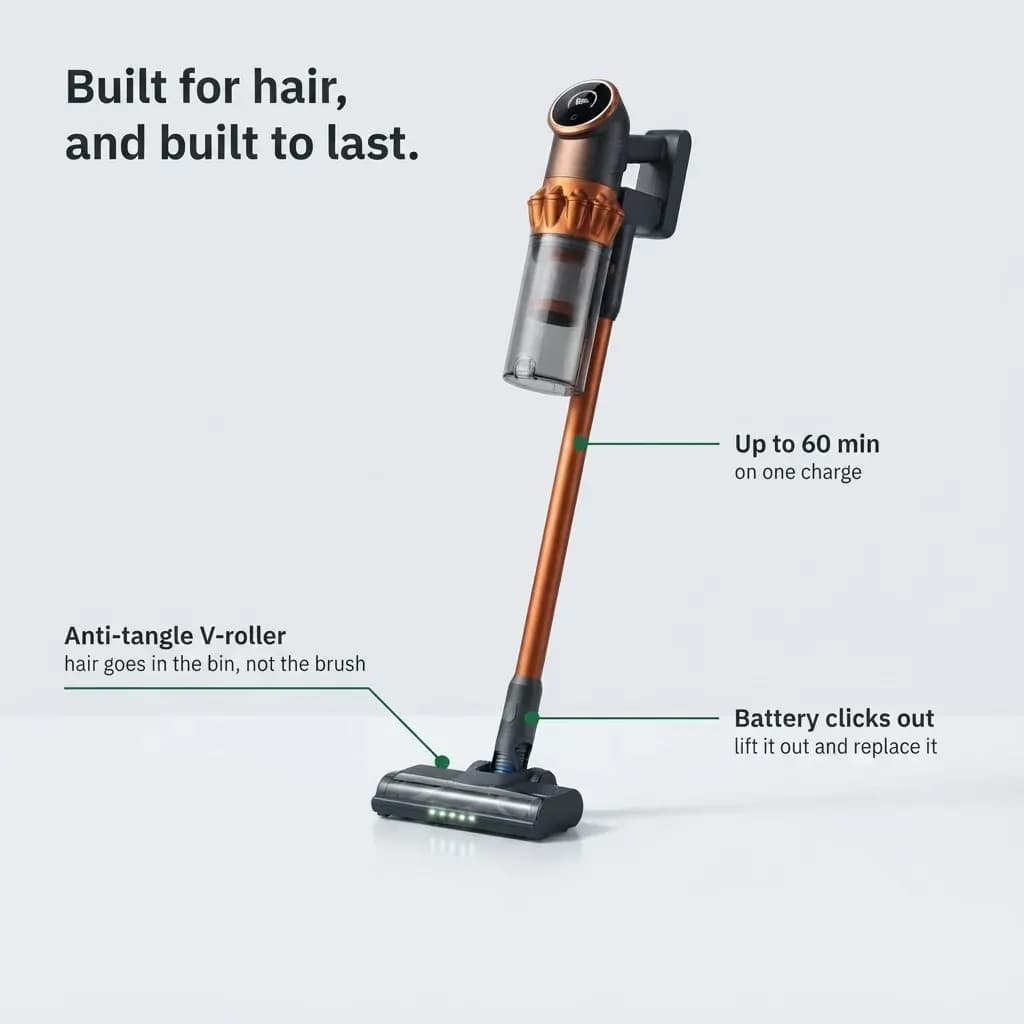 Built for hair and built to last: anti-tangle V-roller, up to 60 minutes on one charge, battery clicks out