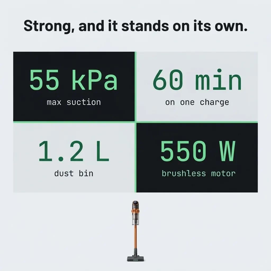 Strong, and it stands on its own: 55 kPa suction, 60 minutes on one charge, large dust cup, 550 W brushless motor