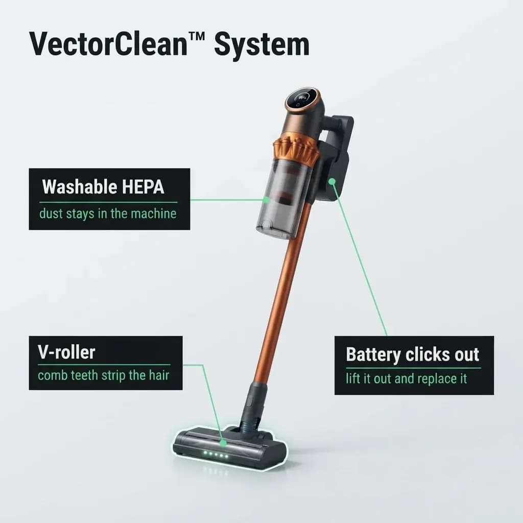 The VectorClean system: washable HEPA filter, V-roller with comb teeth, battery that clicks out