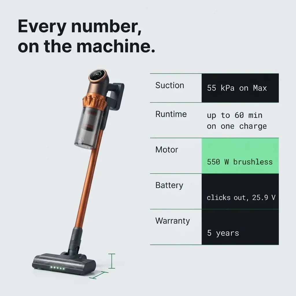 Every number on the machine: suction, runtime, motor, battery and warranty