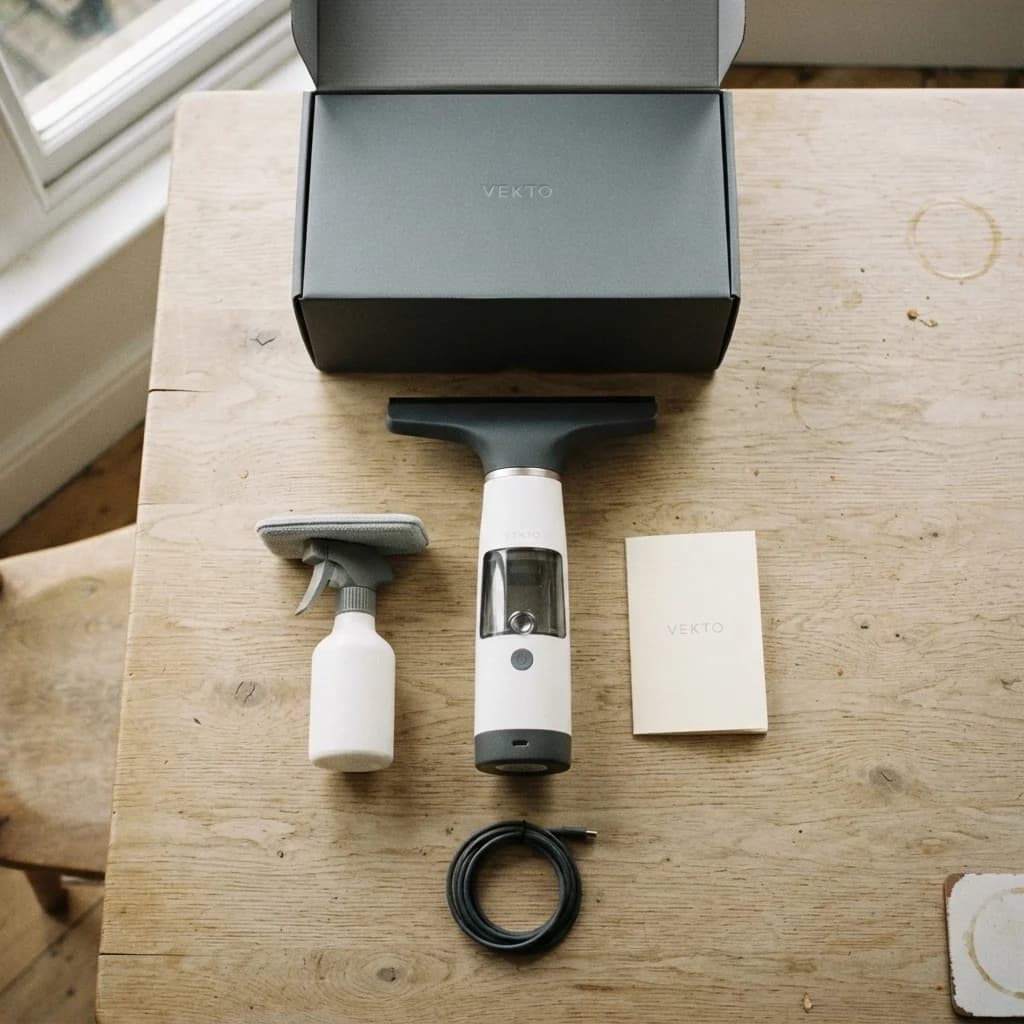 Everything in the Vekto Window Vac W10 box laid out: the window vac, the spray bottle with its pad head, the USB-C cable and the manual