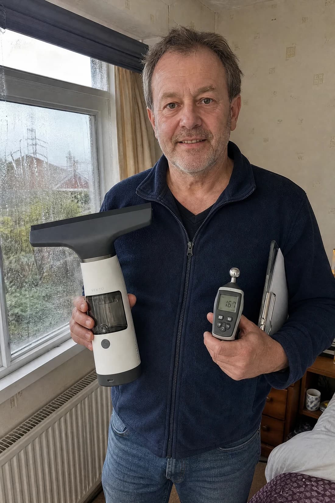 A damp surveyor in a hi-vis jacket beside a bedroom window holding the Vekto Window Vac W10