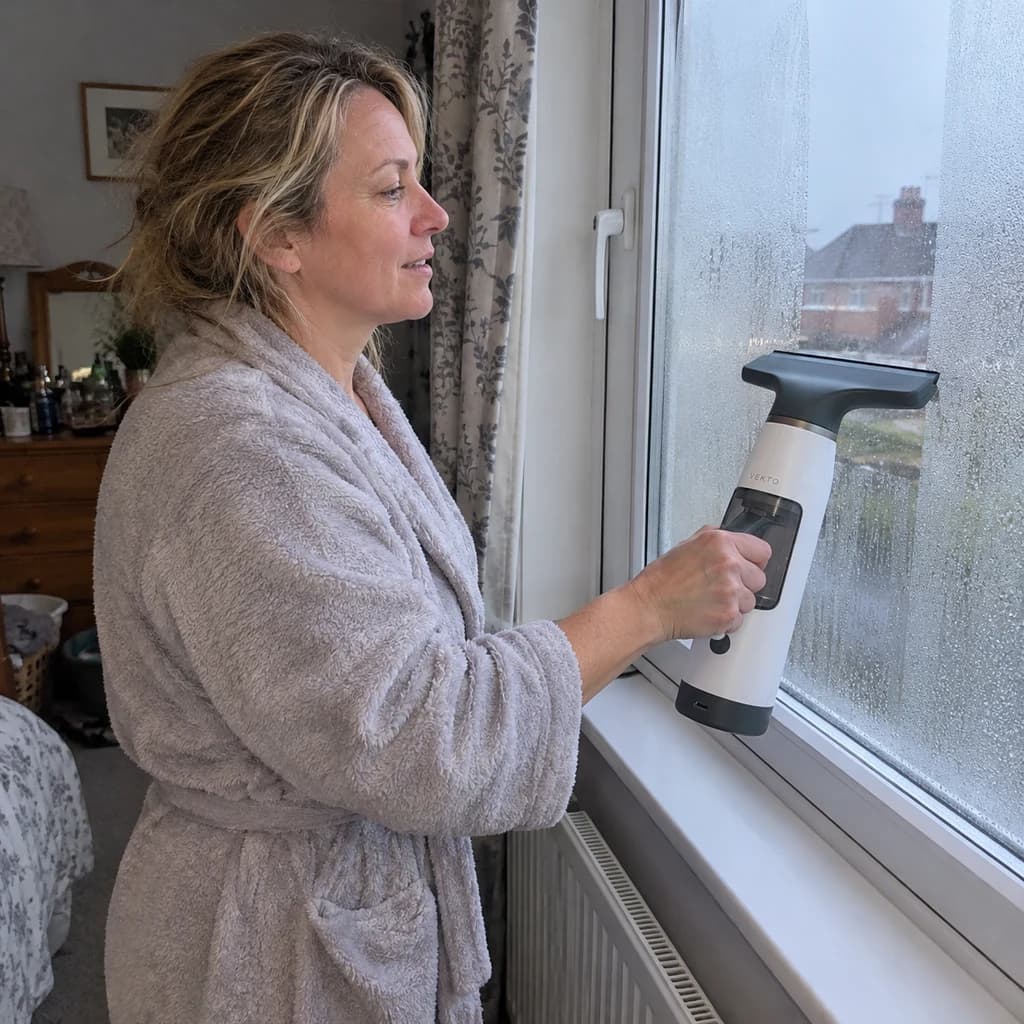 A woman at a bedroom window on a dark October morning drawing the Vekto Window Vac W10 down the glass, the sill dry beneath it