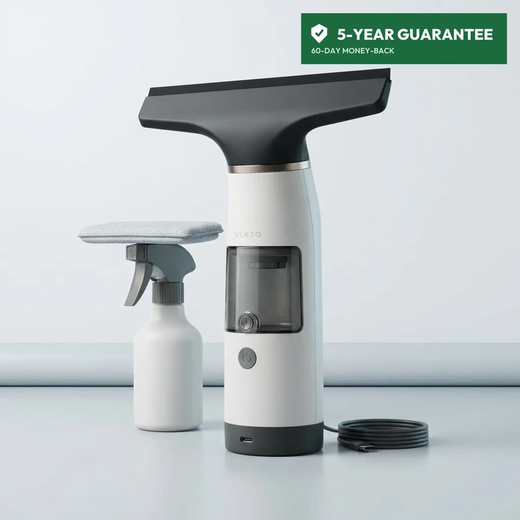 Vekto Window Vac W10 with its spray bottle, microfibre pad head and USB-C charging cable
