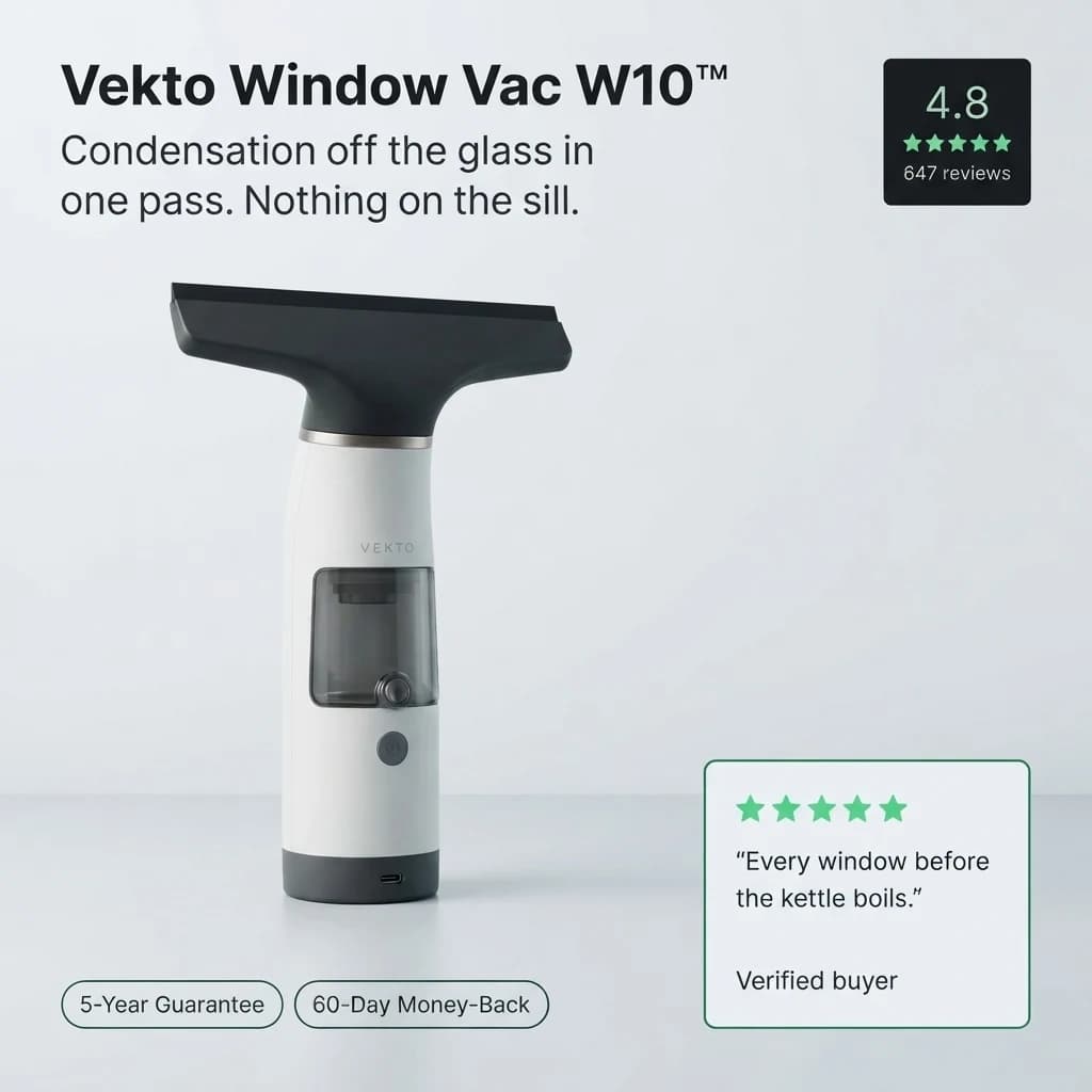 Vekto Window Vac W10, rated 4.8 from 647 reviews: condensation off the glass in one pass, nothing on the sill