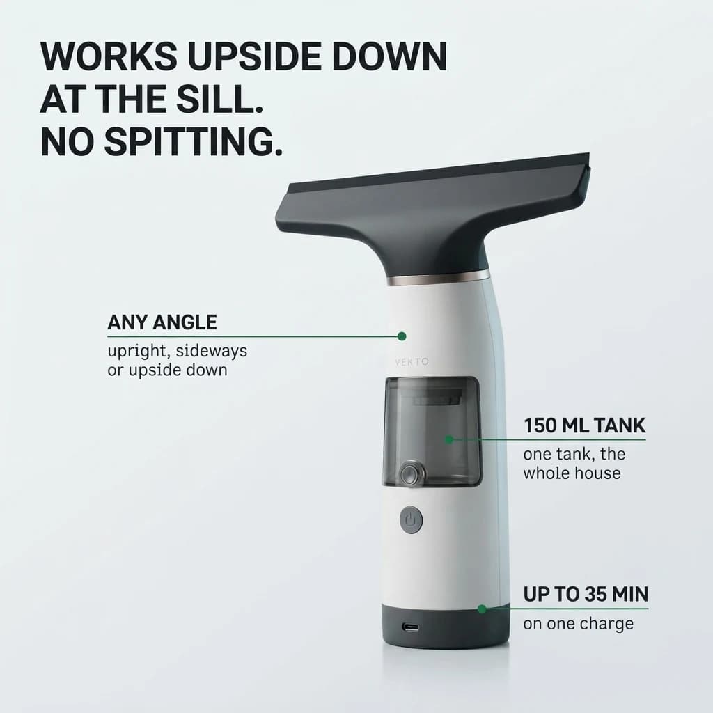Works upside down at the sill without spitting: 360° use, 150 ml tank, up to 35 minutes on one charge