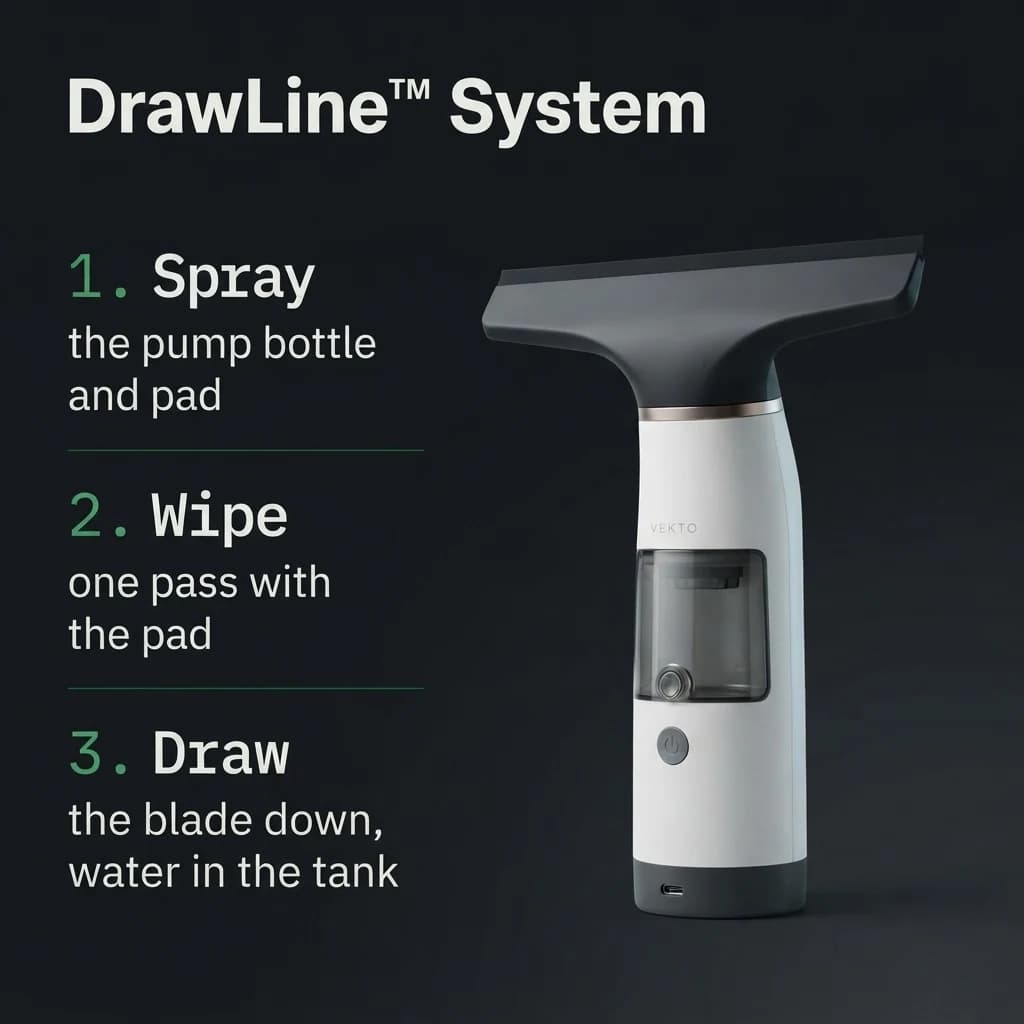 The DrawLine system: spray, wipe, draw the blade down, the water goes in the tank