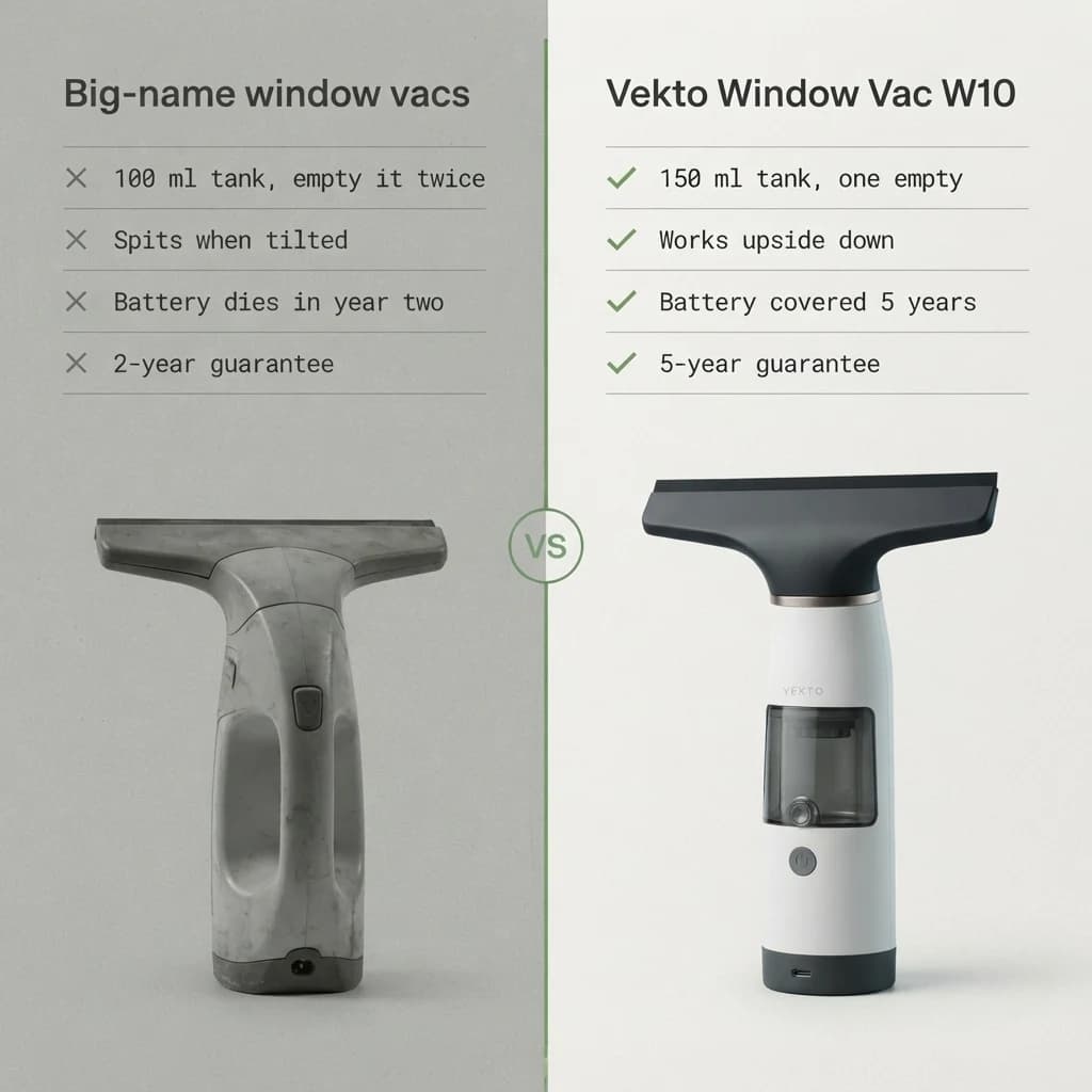 Big-name window vacs next to the Vekto Window Vac W10, point by point