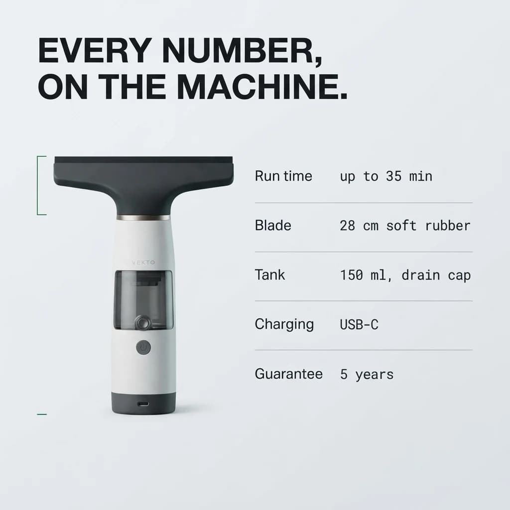 Every number on the machine: run time, blade width, tank, charging and guarantee