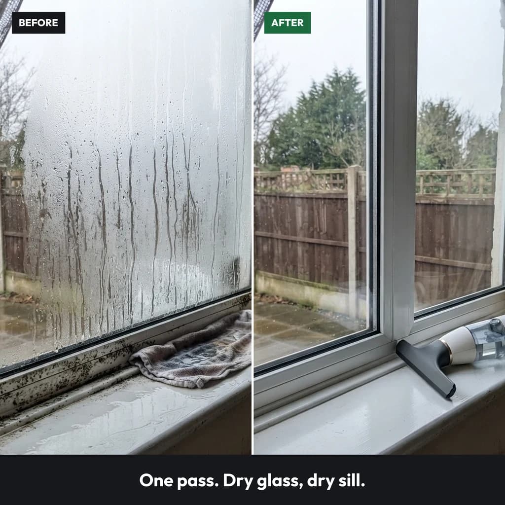 Before and after: the same bedroom window fogged with condensation, then clear and dry with the Vekto Window Vac W10 on the sill