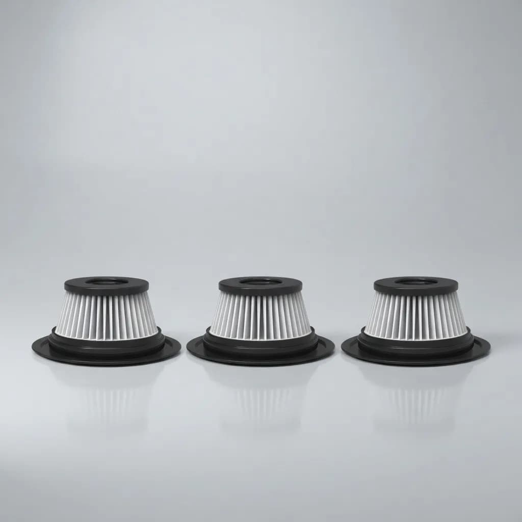Three Vekto V18 HEPA filters on a light grey background