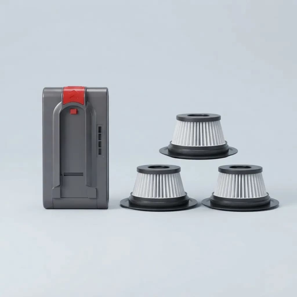 The Vekto V18 Power Kit: one spare battery and three HEPA filters on a light grey background