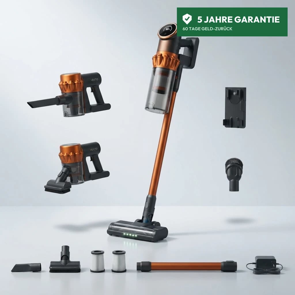 Vekto V18 Akkusauger mit Akku, Ladegerät, Bodendüse, Teleskoprohr, beiden Aufsätzen, zwei HEPA-Filtern und der Wandhalterung