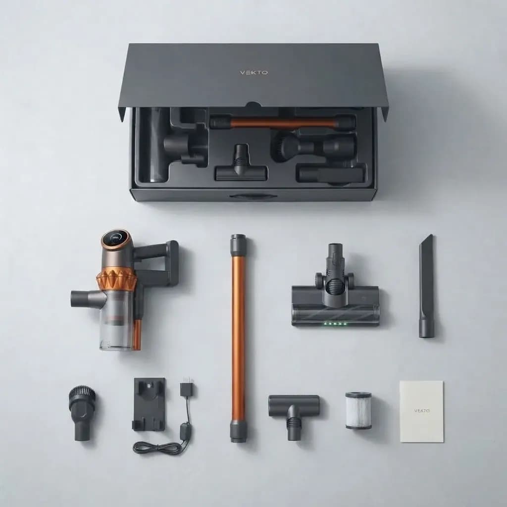 Everything in the Vekto Vacuum V18 box laid out: body, tube, floor head, both tools, battery, charger, wall dock and filters