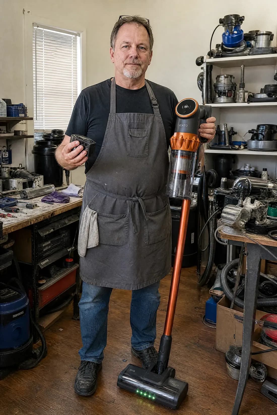 A vacuum repair technician in his workshop holding the Vekto Vacuum V18 and its battery