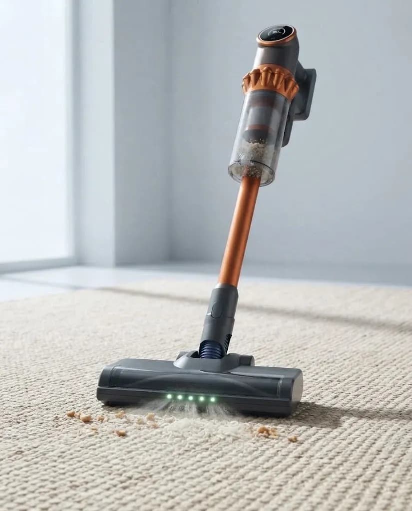 The Vekto Vacuum V18 floor head on a rug pulling up crumbs with its green light on