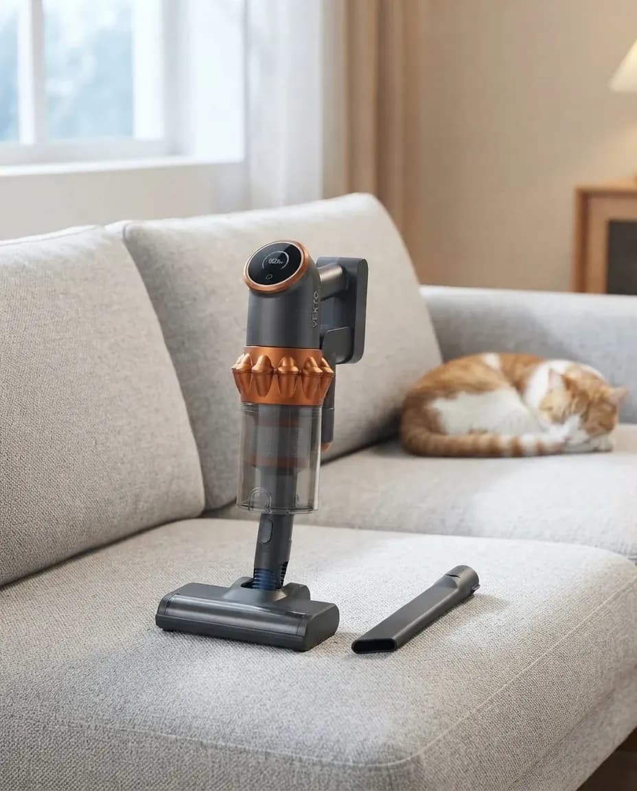 Vekto Vacuum V18 in its handheld form with the 2-in-1 brush tool on a gray couch
