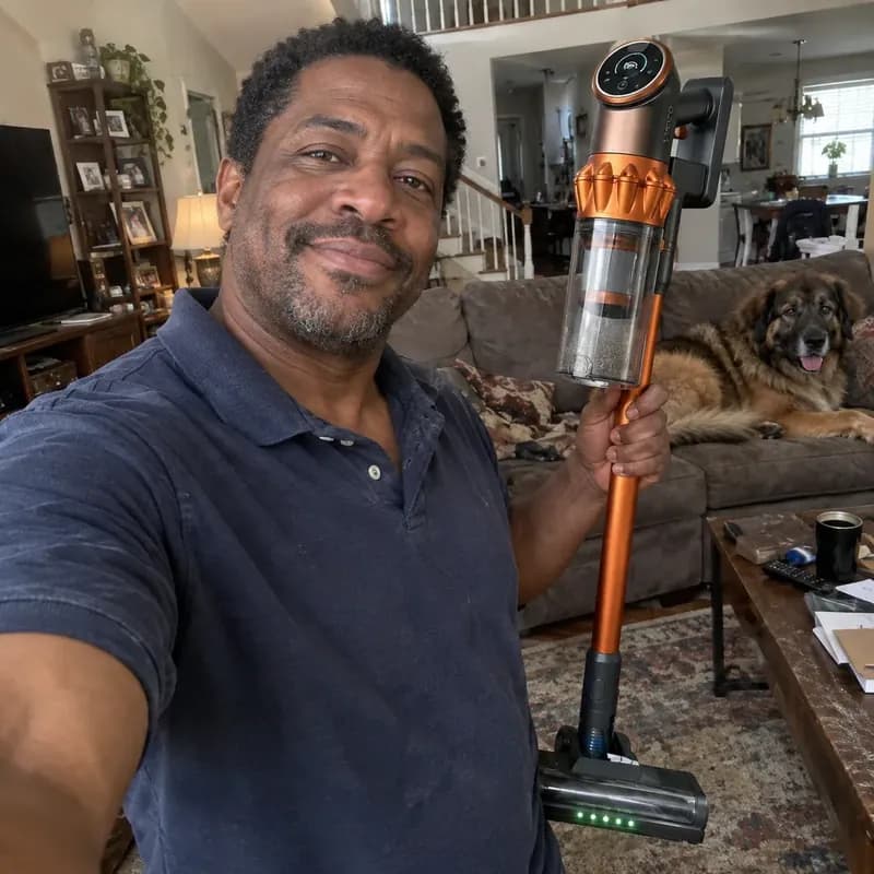 Derek in his living room holding the Vekto Vacuum V18, his dog on the couch behind him