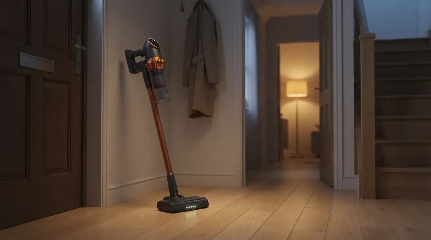 A quiet hallway in the evening with the Vekto Vacuum V18 standing on its own by the front door
