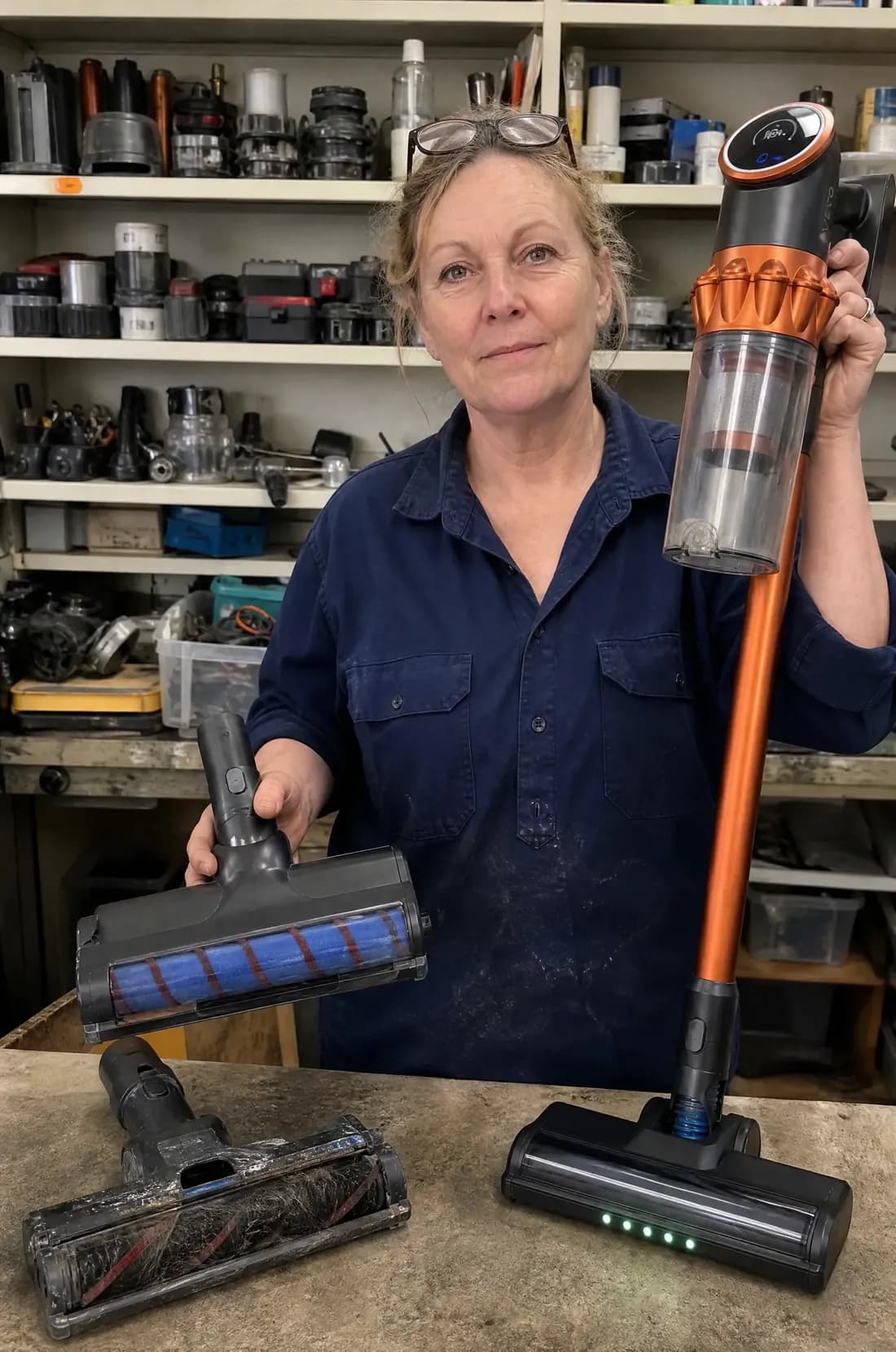 Gwen, a vacuum repair engineer, in her workshop holding the clean Vekto Vacuum V18 floor head with a hair-wrapped rival head on the bench beside her