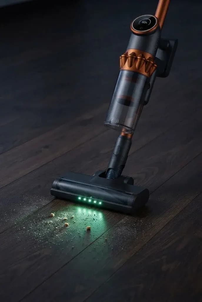 The green lights on the Vekto Vacuum V18 floor head throwing a low beam across a dark wood floor and showing the dust