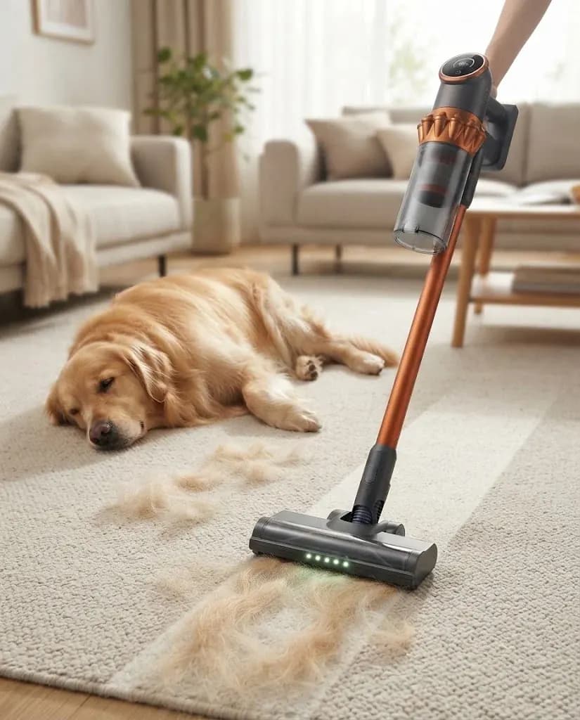 A golden retriever on a rug while the Vekto Vacuum V18 lifts shed hair out of the pile