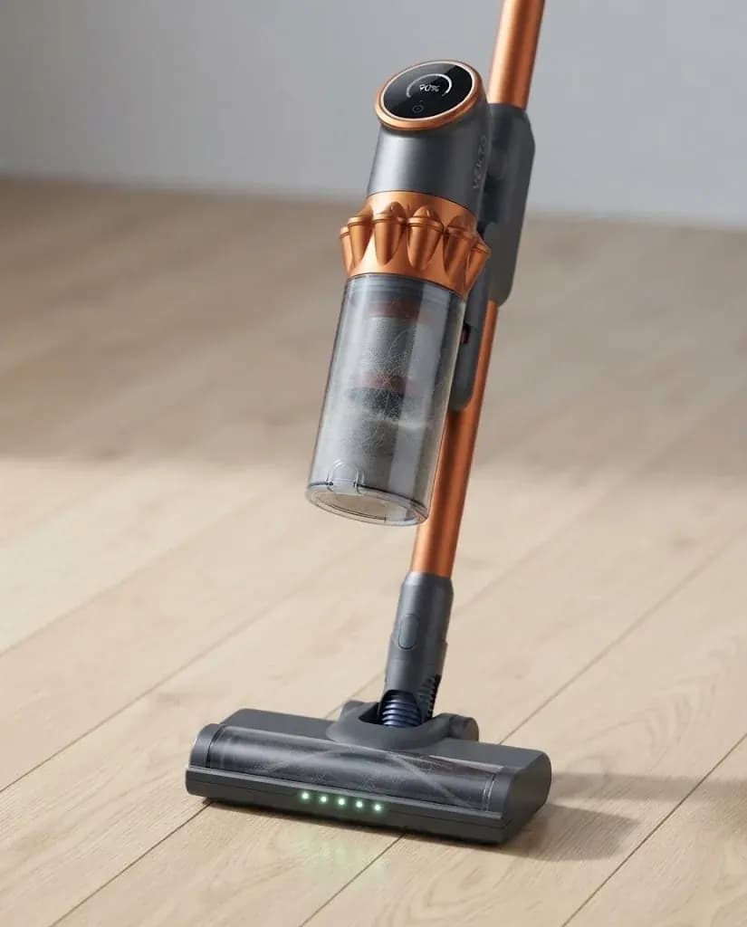 The Vekto Vacuum V18 floor head and clear dust cup on a light wood floor