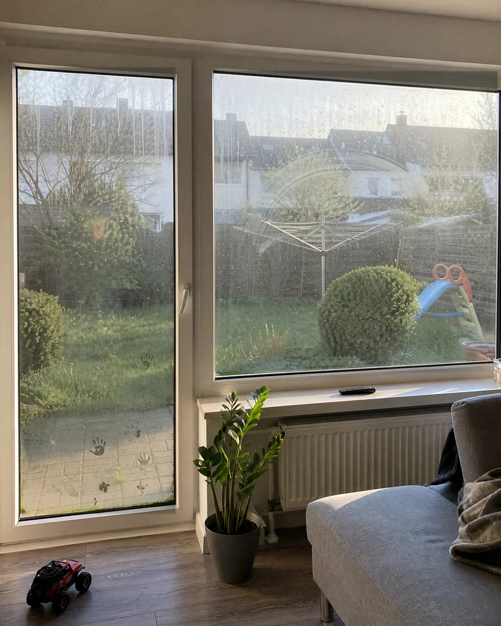 Une porte-fenêtre et une fenêtre de salon donnant sur un petit jardin, la vitre grise de coulures de pluie, de pollen et de traces de pattes