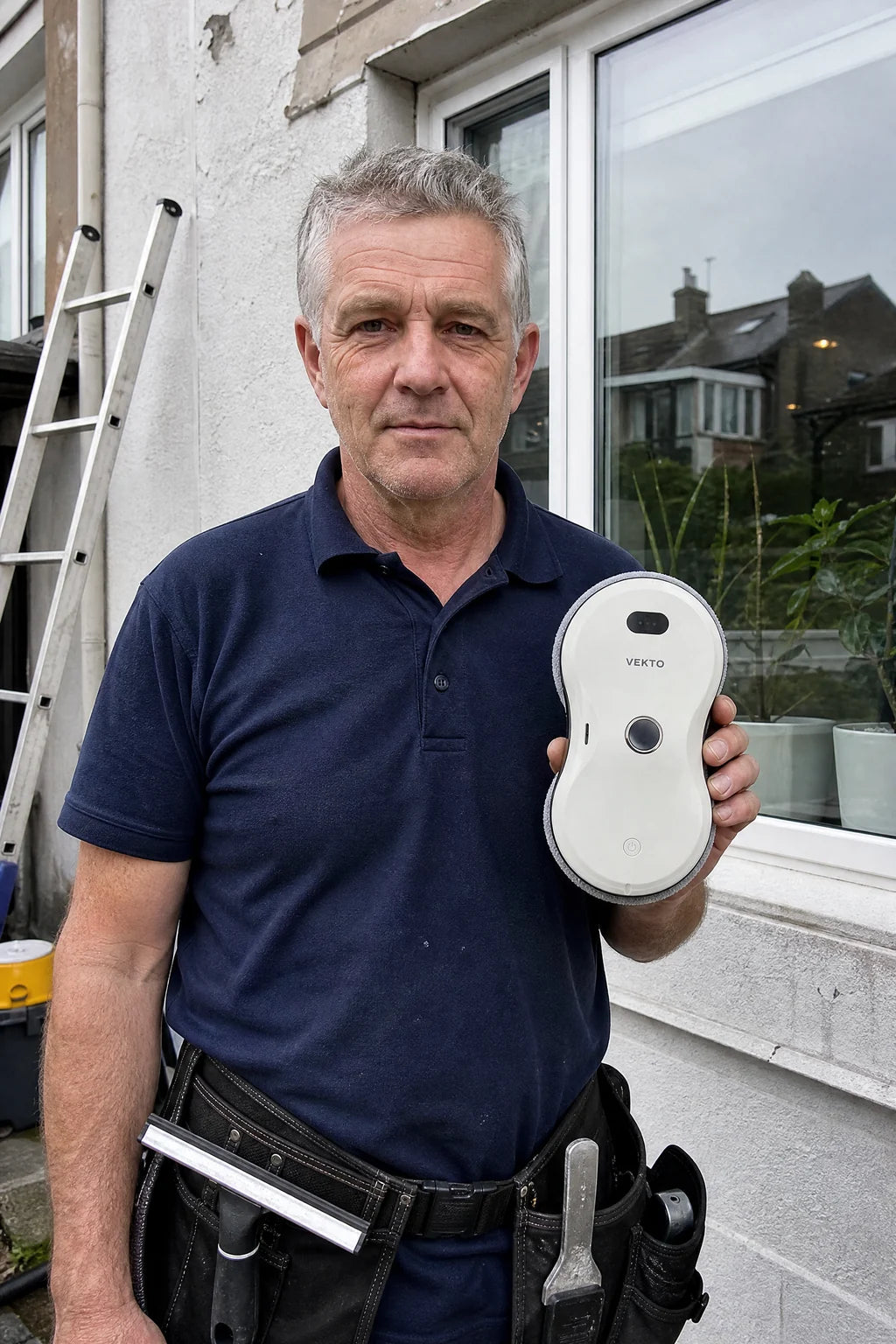 Didier, laveur de vitres, tient le robot lave-vitre Vekto devant une fenêtre