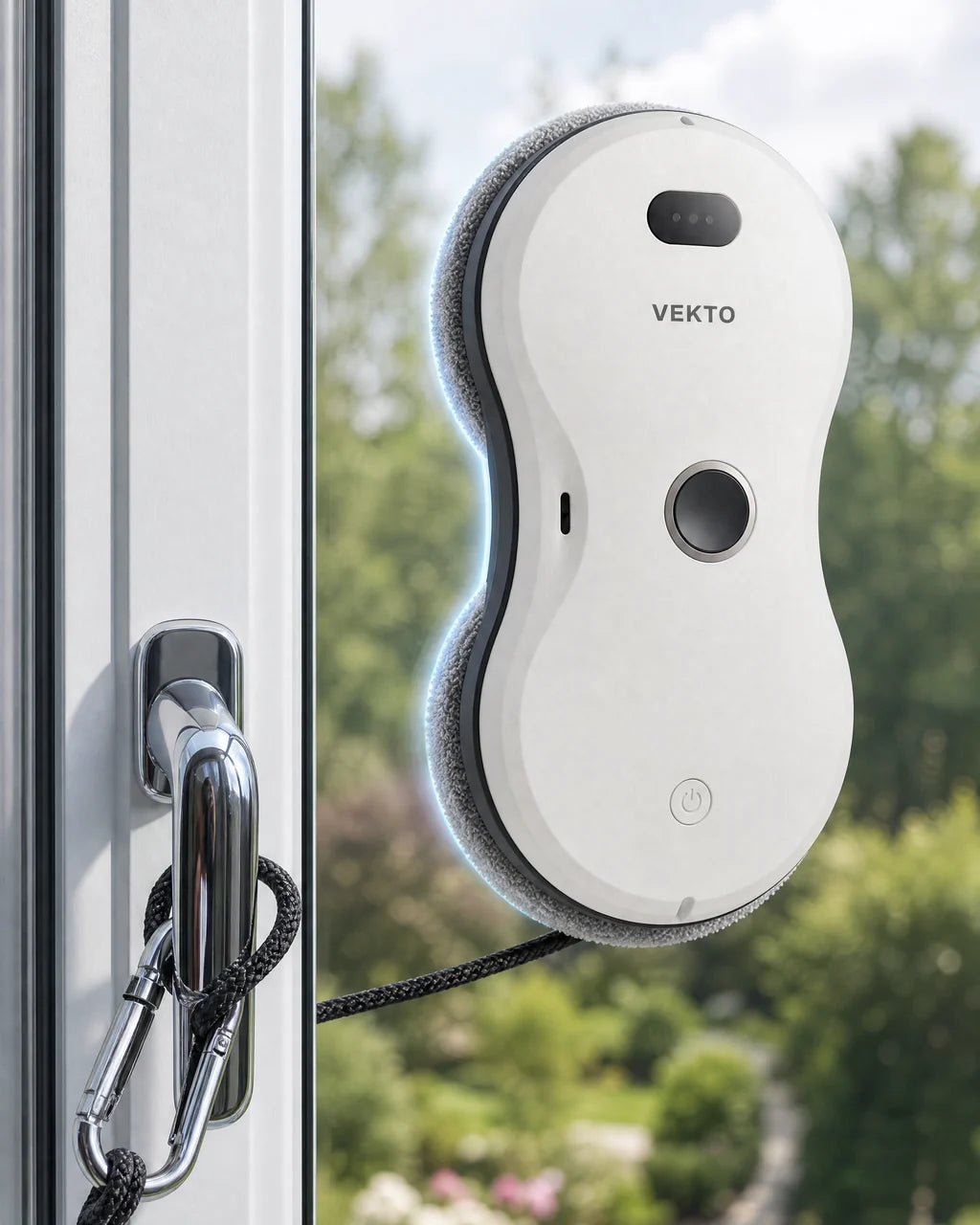 Le robot lave-vitre Vekto sur une vitre haute, sa corde de sécurité accrochée à la poignée