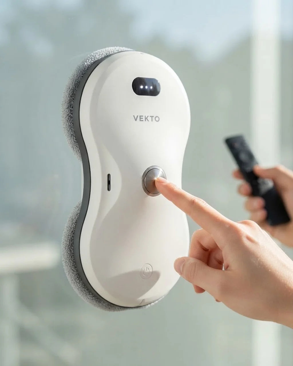 Une main tient la télécommande, au fond le robot lave-vitre Vekto nettoie une baie vitrée