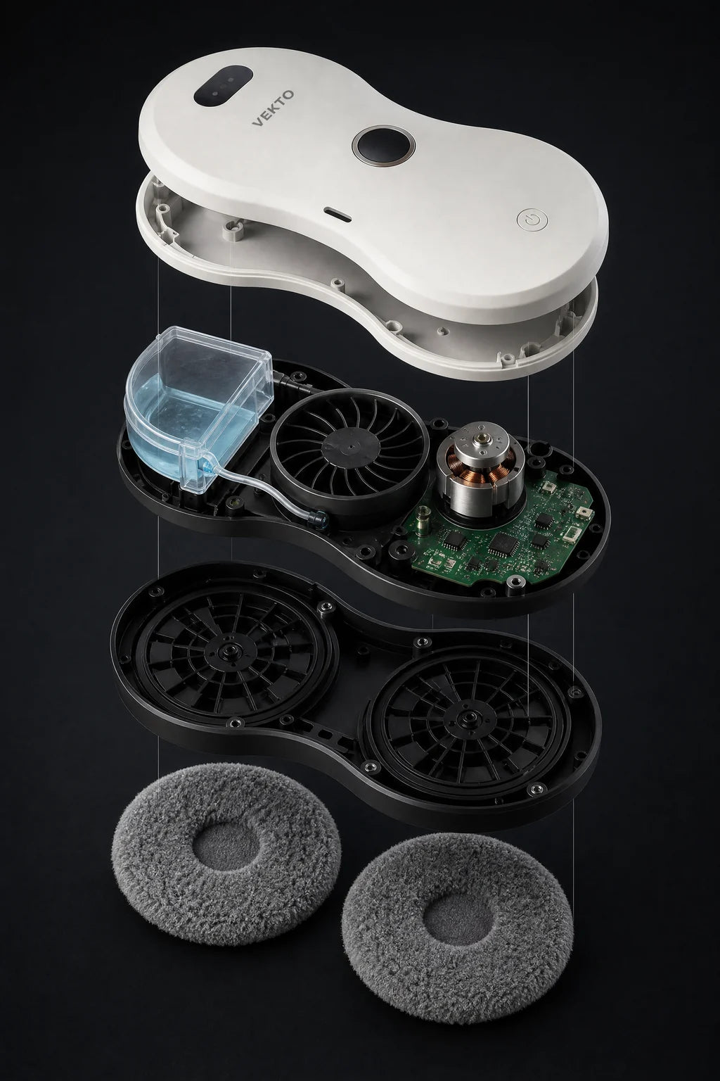 Le robot lave-vitre Vekto démonté en couches : la coque, le réservoir, la turbine, le moteur et la carte, les deux disques d'entraînement et les lingettes