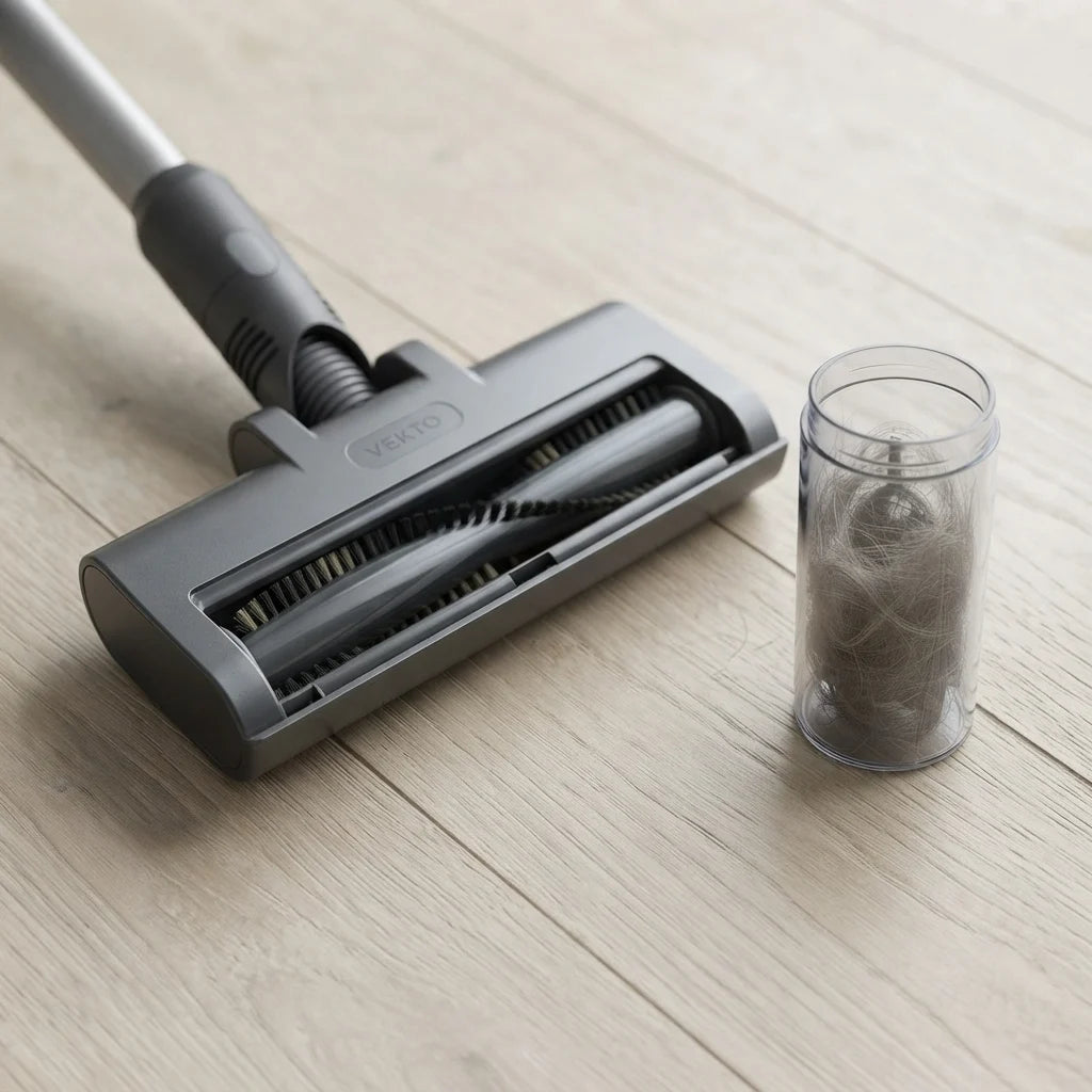 The Vekto Stick brush roll clean after use, with hair in the dust cup