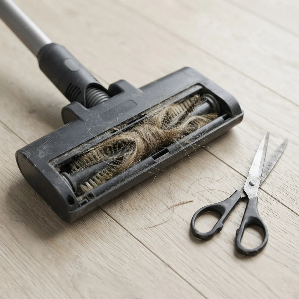 A standard vacuum brush roll wrapped tight with dog hair next to a pair of scissors
