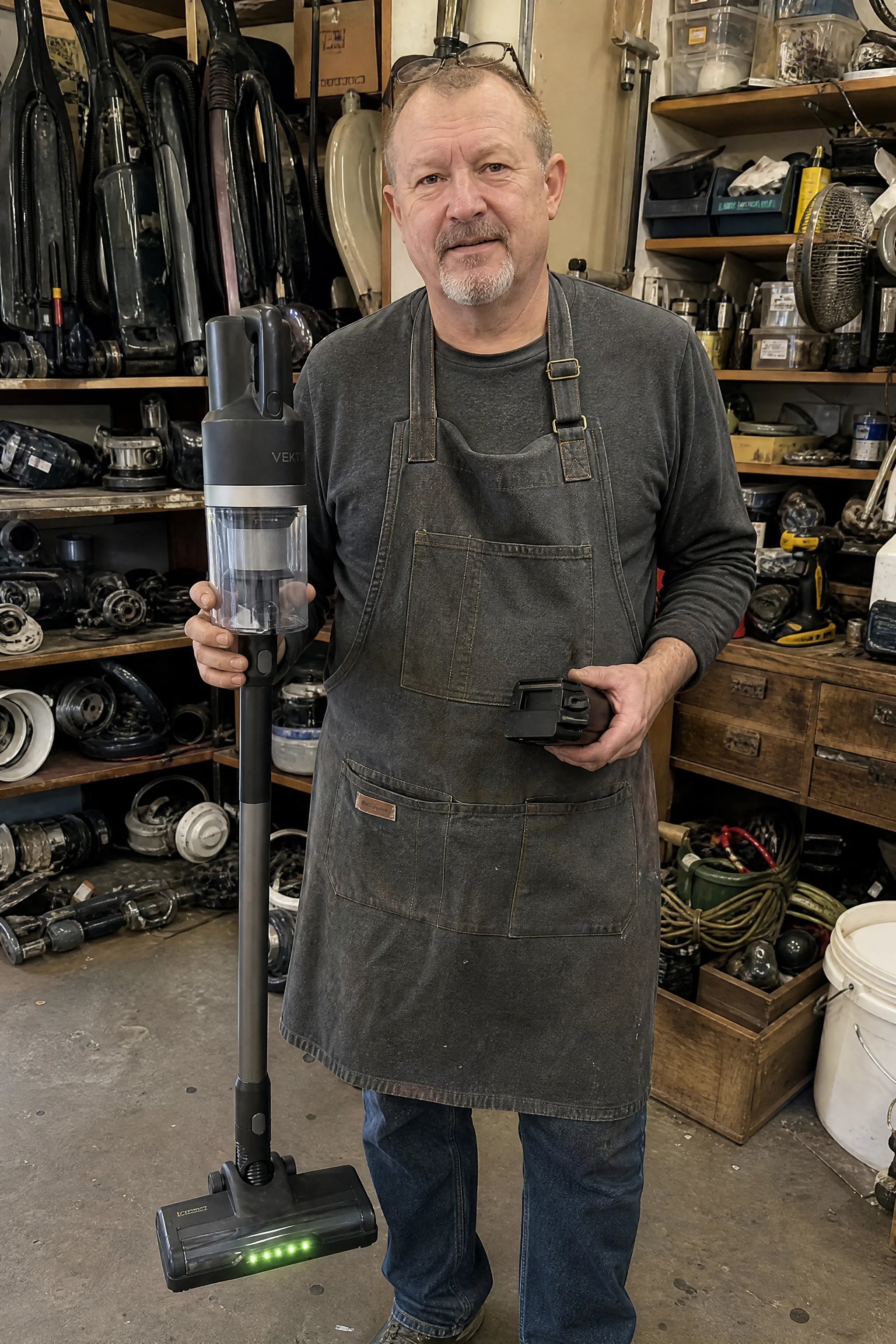 A vacuum repair technician in his workshop holding Vekto Stick and its battery