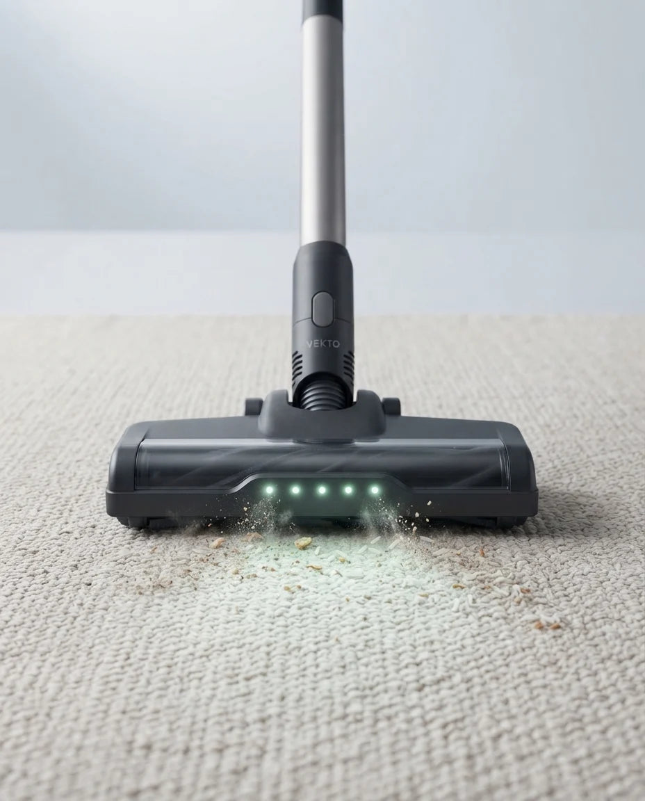 The Vekto Stick floor head on a rug pulling up crumbs with its green light on