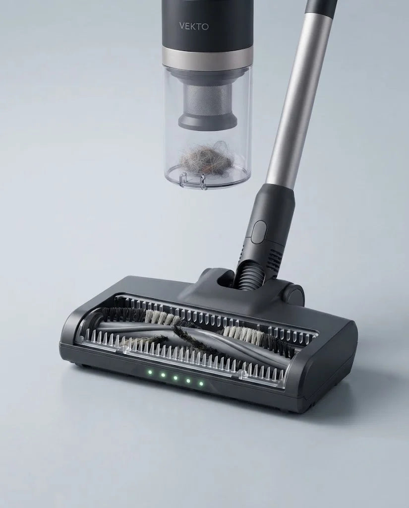 Close-up of the Vekto Stick V-shaped anti-tangle brush roll, clean, with hair in the dust cup above