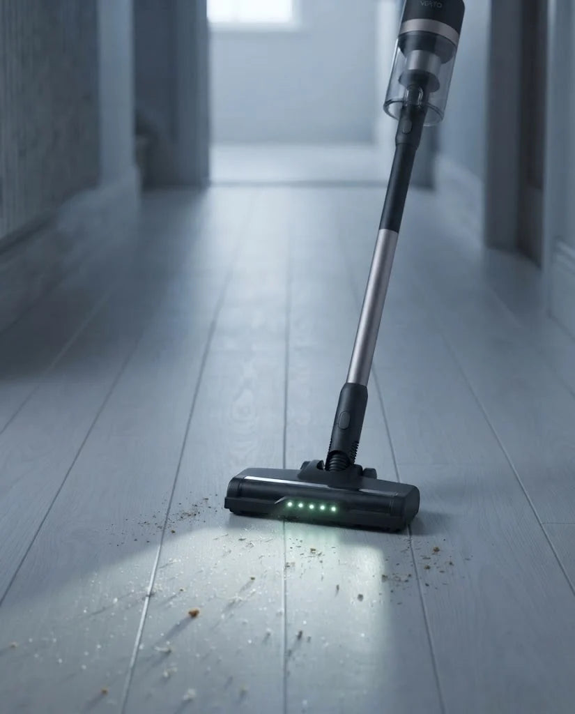 Vekto Stick sweeping a dark hallway floor with its green LED strip lighting the dust ahead