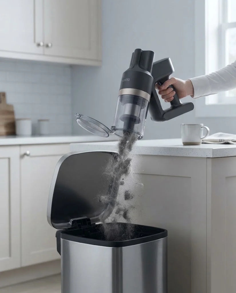 Vekto Stick held over a kitchen trash can with its large clear dust cup flipped open