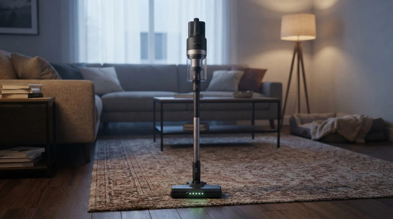 A living room in the evening with the Vekto Stick standing on its own in the middle of the rug