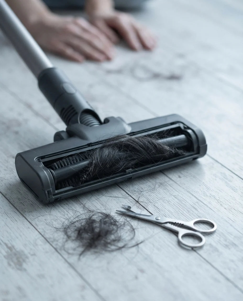 A generic vacuum floor head upside down on a kitchen floor, its roller wound tight with hair, scissors beside it