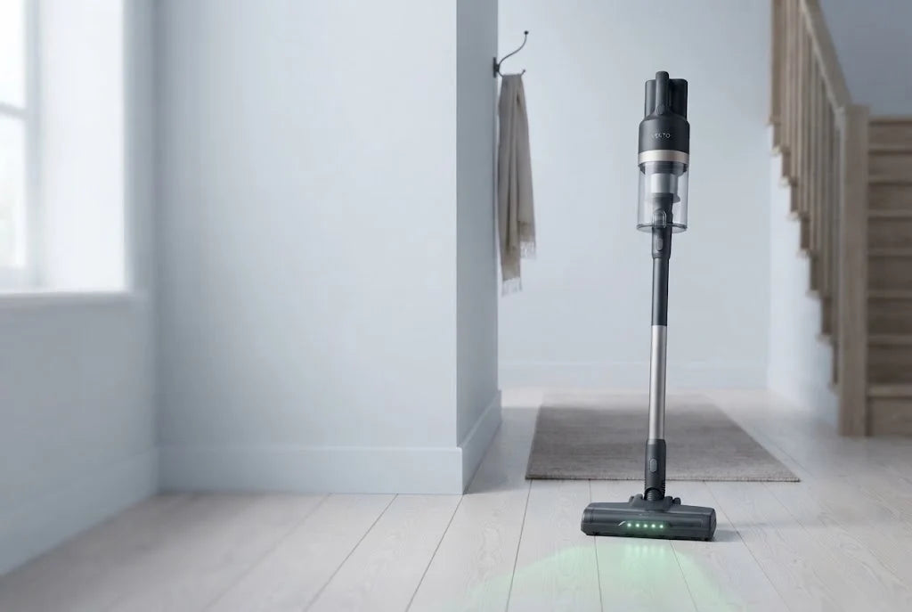Vekto Stick standing on its own in a bright hallway, its green lights on the floor ahead of it